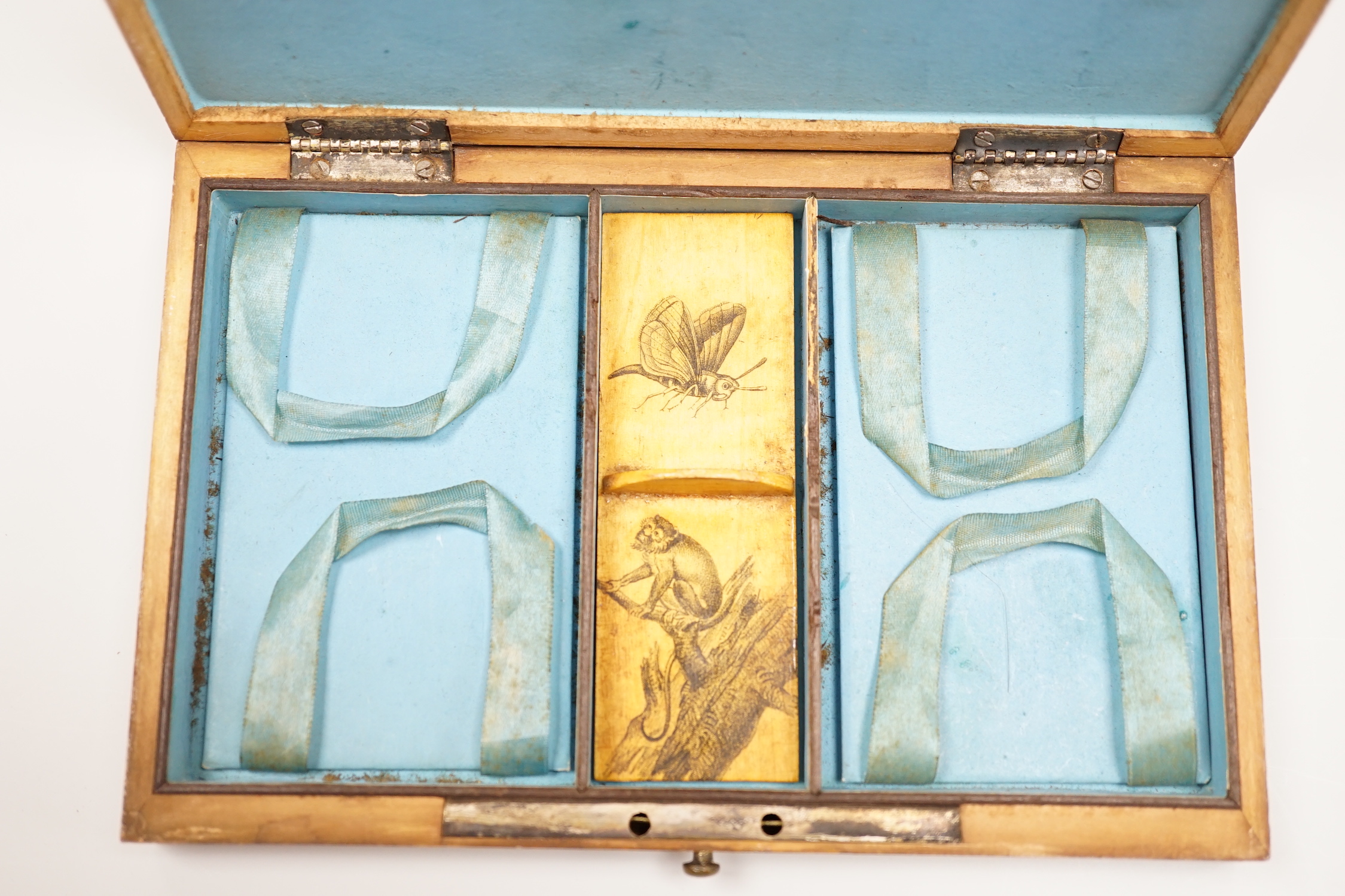 An early 19th century French transfer printed blonde wood box, inscribed ‘Sir Charles Vernon from his friend Duchess of Richmond’, possibly used for collecting lepidoptera, 11 x 17cm
